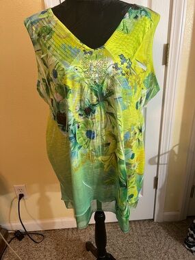 Cato Lime Green Floral Sleeveless Tunic with Rhinestone Detail